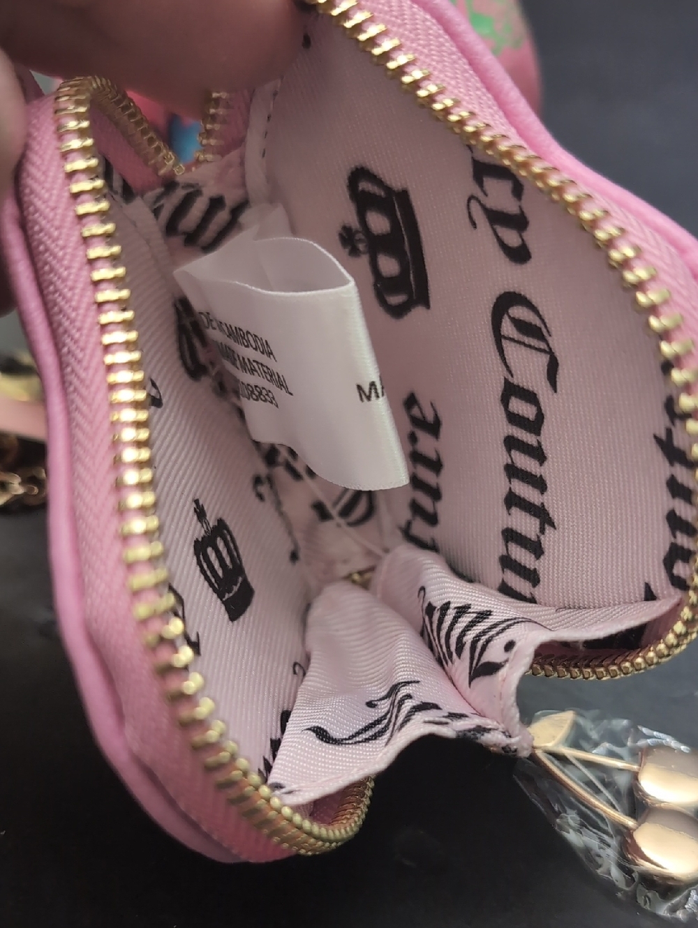 NWT,Juicy Couture Velour Micro Bag And Pouch Set In Pink with Cherry Print. - Picture 10 of 11